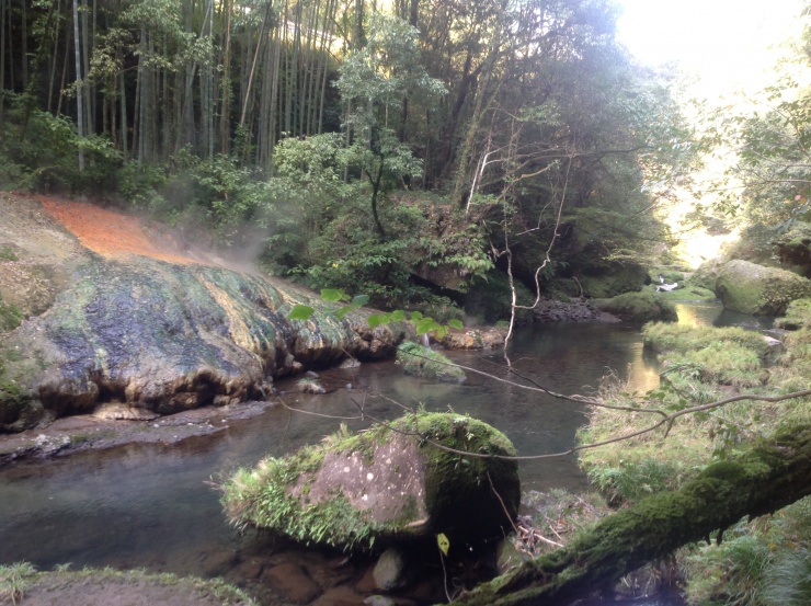 龍馬が18日間滞在した塩浸温泉近くには、温泉が湧き出る大岩があります