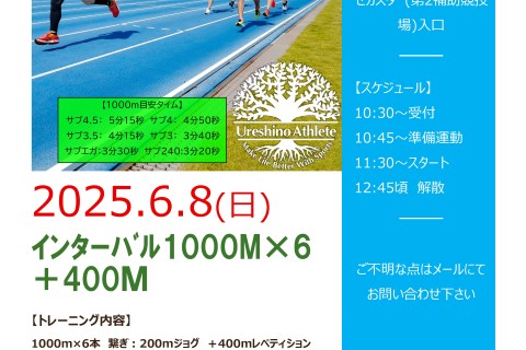 【スピード持久力強化！】インターバル1000ｍ×6＋400ｍスプリント