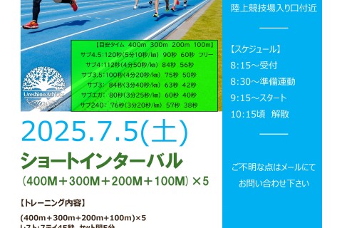 【暑い夏はスピード練習！】ショートインターバル(400ｍ＋300m+200ｍ+100m)×5＠小郡