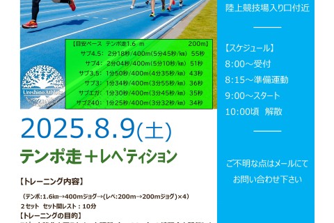 【マラソンランナーのための中距離練習】テンポ走1.6ｋｍ＋レペティション200ｍ×4　2セット＠鹿島