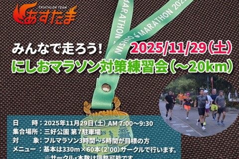 にしおマラソン対策練習会　第１弾　2０ｋｍ（みよし池堤防 330ｍ×60本）