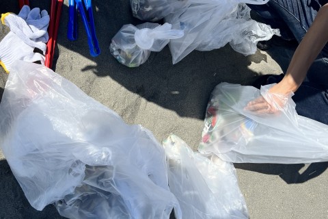 たまった不要物をまとめています！さらに砂浜がキレイになりました！