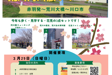 赤羽の荒川河川敷、お花見と資料館見学ウォーキング