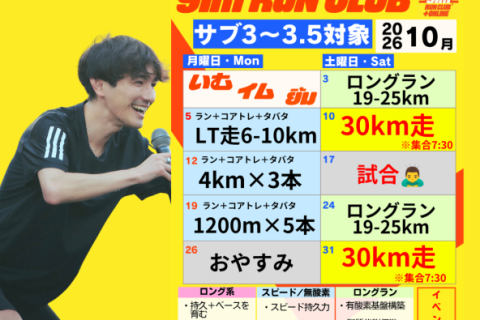 10/31（土）【駒沢】30km走｜サブ3〜3.5へ！フォーム添削・走行動画・給水＋補給付き